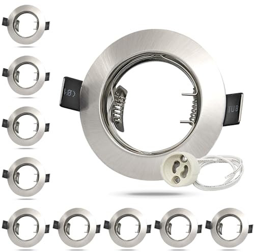 HiBay 10er LED Einbaustrahler 230v GU10 Einbaurahmen Rund Gebürstet Edelstahl Einbauspots Inkl. GU10 Fassung für LED oder Halogen Leuchtmittel