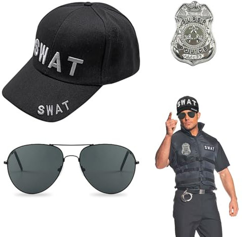 EUPSIIU 3 Stück Swat Kostüm Set mit Sicherheit Hut Swat Sonnenbrille Polizist Abzeichen, Polizei Kappe Polizei Polizeimütze Detective Cop Rollenspiel Zubehör Erwachsene Kinder Halloween Party (Swat)
