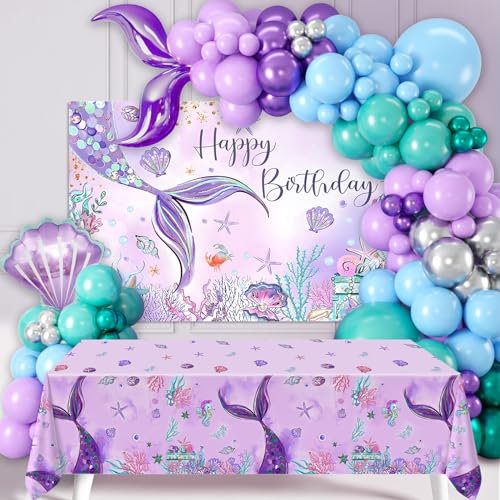 Kit Arco Palloncino Sirena, Palloncini Compleanno La Sirenetta con Palloncini Blu Palloncini Verdi Palloncini Viola, Tovaglia a Sirena& Fondale per Tema Mare, Addobbi Compleanno Bambina, Baby Shower