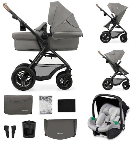 Kinderkraft MOOV2 AIR Kinderwagen 3 in 1 Kinderwagenset bis 26 kg mit Kindersitz I-SIZE 40-75 cm, Buggy Funktion, Liegeposition verstellbar, Große ausziehbare Verdeck, Aufblasbare Räder, Hellgrau