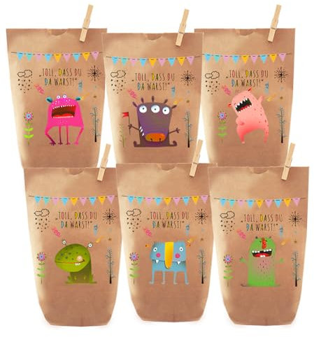 Paul´s Papierfabrik 12 bunte Monster Geschenktüten/Papiertüten, Tüten liebevoll bedruckt, für Geschenke, Gastgeschenke, Mitgebsel, Giveaways, Kindergeburtstag, Hochzeit (Monster zwölf)