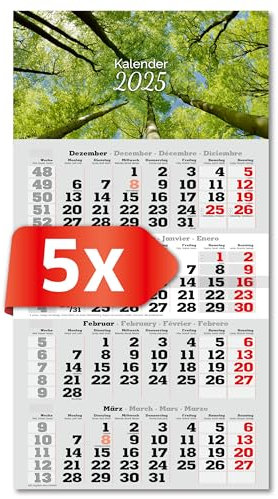 PRIMUS PRINT 4-Monats Einblockkalender 2025 - Wandkalender - Monatskalender mit Schieber - Blockkalender - inklusive Feiertagen - verschiedene Motive, verschiedene Sets - [ 5 x Bäume ]