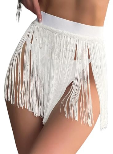 Damen Quaste Rock - Festival Accessoires Rave Outfit Mode Punk Fransen Röcke Sexy Minirock Techno Skort Taillengürtel Gothic Gürtel Skirt Frauen Strand Tankinis(White,M,1117w)