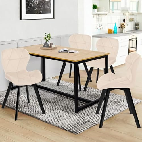 IDMarket - Lot de 4 chaises ROBINE en Velours Beige Pieds Noirs