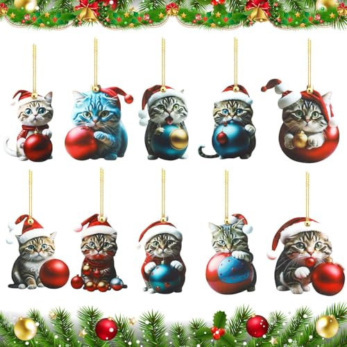 10 Graziosi Gatti per Albero di Natale in Acrilico 2D, Decorazione per Albero di Natale, Ciondoli di Natale Decorazioni per albero di Natale Ornamenti per auto Regali (8 cm)