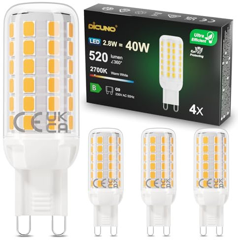 DiCUNO Ampoule LED G9 2.8W, Efficacité Energétique Classe B, équivalent 40W Halogène, 520lm, Blanc chaud 2700K, Économie d'énergie, Non-dimmable, pour chambre, salon et cuisine, 4 Pièces