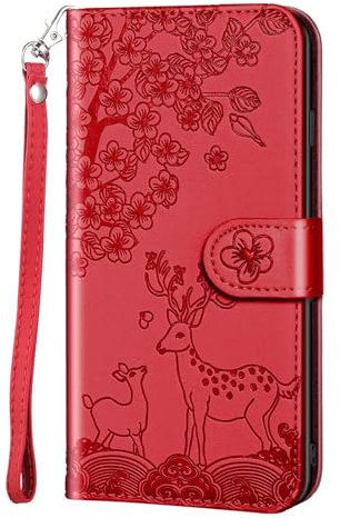 Nbziyoo Phone Case for iPhone XR, Embossed Deer Floral Animal Flip Wallet Case with Card Slots, Premium Magnetictective PU Leather Cover Case for iPhone XR.Red