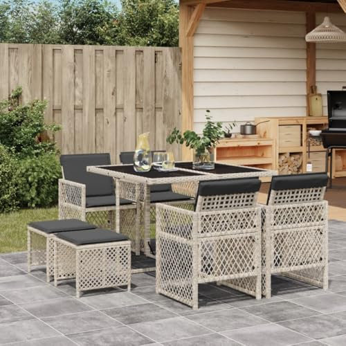 Xichuzi 9-TLG. Garten-Essgruppe mit Kissen Hellgrau Poly Rattan, Esstisch Mit Stühlen Set, Gartenmöbel Sitzgruppe, Balkon Möbel, Gartenlounge Set, Terrassenmöbel, Balkonmöbel Set - 3210779
