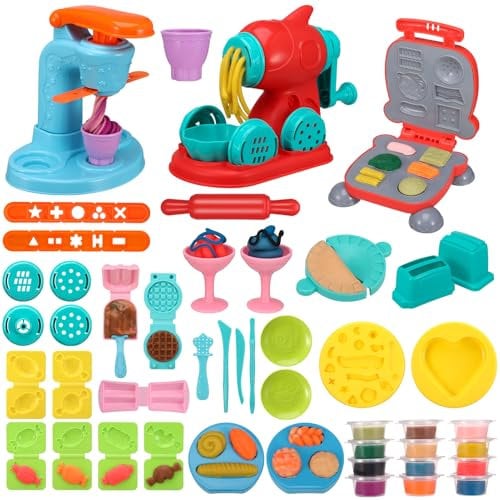 GSrenyu 3 in 1 Play Color Dough Kitchen Creations Set Age 3+, Ice Cream Noodle Hamburger Maker Art Crafts Food Toys Modelling Clay Kit Dough Tools for Kids Ages 3+