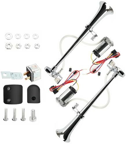 NEWFUN Druckluft Hupe 12v, Drucklufthorn 12v, Drucklufthorn, Lkw Horn, Lufthorn 12v, Beschichtung durch kathodische Elektrophorese, für Auto Lkw Pkw Dreirad Boot Train usw (Bausatz mit Kompressor)