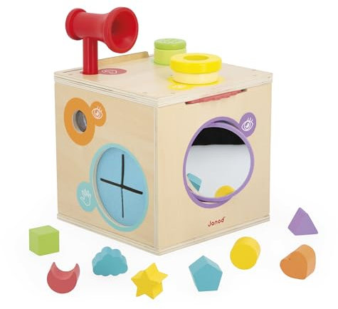 Janod - Motorik- und Greifwürfel - Spiel zur Förderung der Sensorik - Sensorbox - Activity Cube - 12 Zubehörteile - Formen und Farben Lernen - Die Sinne wecken - Holzspielzeug - Ab 18 Monate - J05307