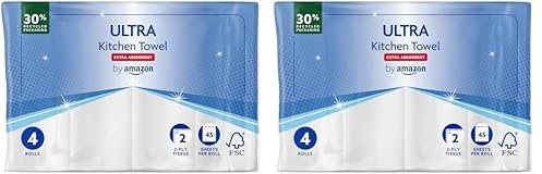 by Amazon Essuie-tout ULTRA, Extra Absorbant, 4 Rouleaux (2 Paquet de 4), 45 Feuilles par Rouleau, Essore et Réutilise, Certifié FSC