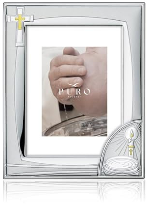 Pur Argenti Cadre photo baptême en argent PVD avec croix et bougie, 13 x 18 cm