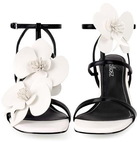LACIKOSZ Women's Heel Sandals Flower Ankle Strap Square Open Toe Strappy Orchid Heels Dressy Sexy Wedding Shoes, Black White, 3 UK