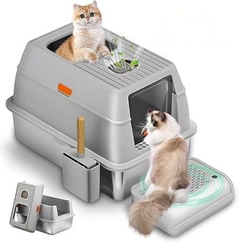 Cat Litter Tray Stainless Steel with Lid,Anti Leakage,Odor Control,Anti Splash Pedal,Enclosed Large Cat Litter Box with High Sides,Kitten Metal Litter Pan Easy to Clean,Detachable,Grey