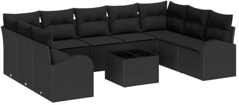 vidaXL 10-teiliges Garten-Sofa-Set mit Kissen, wetterfest, schwarzes Poly-Rattan. Perfekte Sitzgelegenheit für Balkon oder Terrasse. Ideal für Lounges im Garten – bequem für den Sommer!