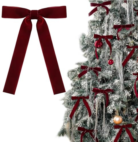 KASESSS 12 Pcs Burgundy Velvet Bows Christmas Tree Decorations, Christmas Tree Bow With Twist Ties, Classic Velvet Bows For Xmas Wreath, Xmas Decorations Bow Ribbon For Ornaments Home Party Decor