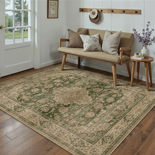 PureCozy Vintage Teppich Wohnzimmer 120x170cm Grün Waschbar Groß Teppiche | Retro Teppich,Waschbar,Rutschfest,Weich Kurzflor,für Schlafzimmer,Esszimmer,Büro Rug