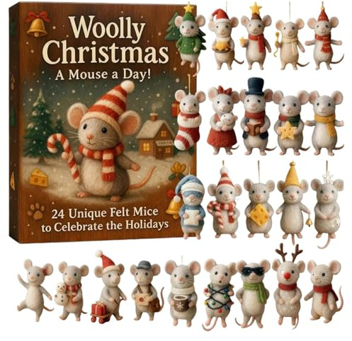 Maus Adventskalender - 2D flacher Acryl Tierplaner | Mäusepuppen | für Partyerinnerungen, Weihnachtszeit, Zuhause, Party, Wände, Bäume