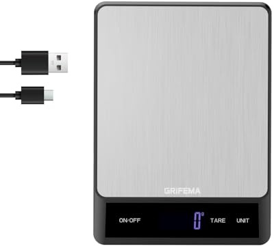 GRIFEMA GA2008-1 Wiederaufladbare Digitale Küchenwaage 1-5000g | 6 Einheiten, LCD-Display, Tara-Funktion, Auto-Off, Dual Power (USB-C/Batterie)