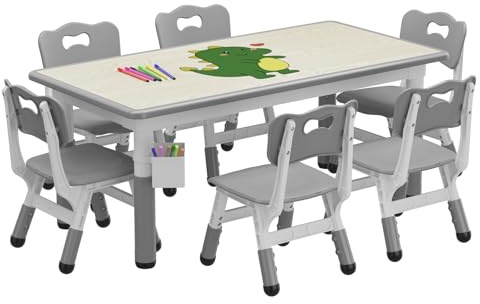 Garvee Kindertisch Set mit 6 Stühlen, höhenverstellbar für Kinder | Höhenverstellbares Kindertisch-Set mit 6 Stühlen, Graffiti-Tischplatte, rutschfesten Beinen für Kinder von 2-10 Jahren