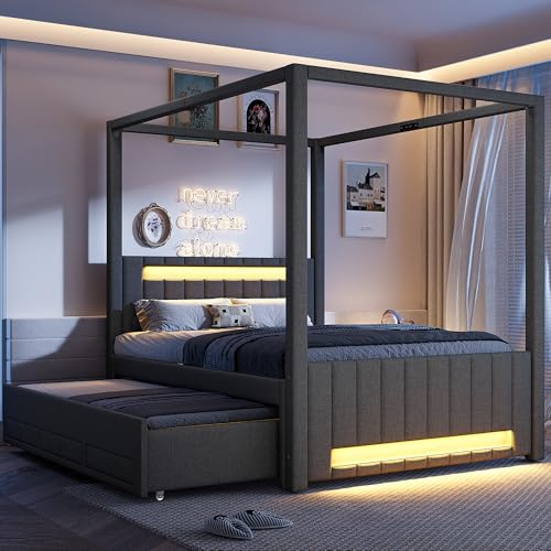 HOXINBLY Letto a baldacchino imbottito 140x200 cm con letto estraibile e tre cassetti, illuminazione a LED, Letto matrimoniale Grigio(senza materasso)