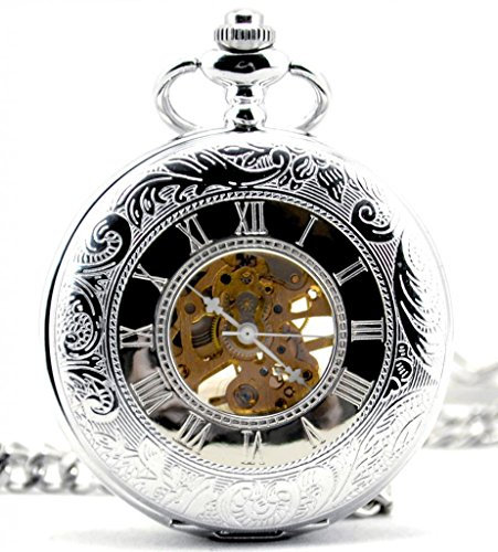Unendlich U Unique Retro Handaufzug Mechanische Taschenuhr Doppelte Zeitanzeigen Skelett Kettenuhr Anhänger Halskette, Silber