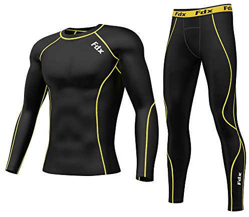 FDX Mens Compression Armour Base Layer Top Skin Fit + Compression Leggings Set (Black/Yellow, X-Large)