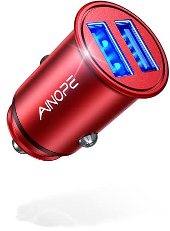 AINOPE Smallest 4.8A All Metal Car Charger - Fast Charge USB Adapter, Flush Fit, Compatible with iPhone 16/13/12/11 pro/XR/x/7/6s, iPad Air 2/Mini 3, Samsung Note 9/S10/S9/S8 - Red