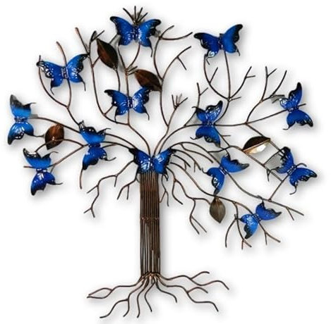 Thai Gifts Handmade Metal Butterfly Tree Wall Art, H45cm x W46cm - Hand-Painted Blue Butterfly Sculpture - Unique Home & Garden Decorations - Ideal for Fences, Patios & Feature Walls