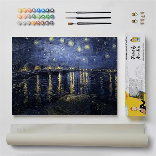 DonElton Malen nach Zahlen für Erwachsene, inspiriert von Vincent van Gogh – 40 x 50 cm Malsets mit Pinseln, Acrylfarben und Leinen-Leinwand, ohne Rahmen – Kreatives Geschenk (Sternennacht 1888)