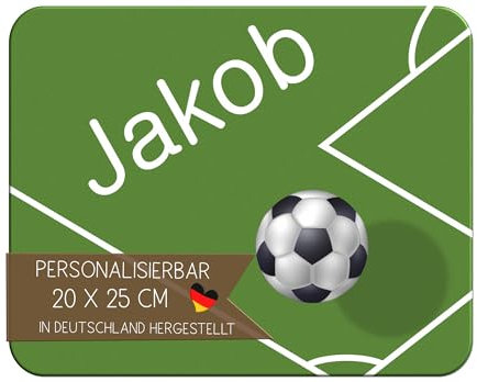 CreaDesign, Frühstücksbrettchen Kinder mit Namen personalisiert, Brettchen Kinder Kunststoff Fußball, Antirutsch-Noppen, Größe 20 x 25 cm