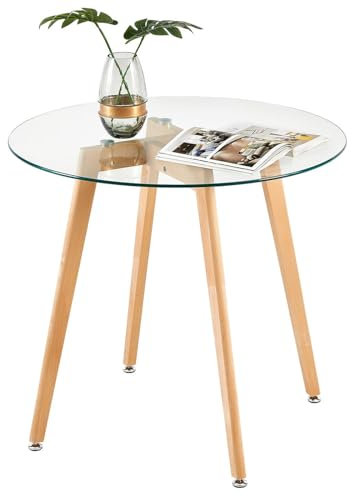 DORAFAIR Table à manger ronde en verre 80 cm avec pieds en bois de hêtre transparent 80 x 75 cm