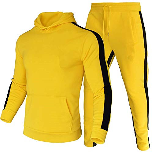 amropi Tute da Ginnastica Uomo Sportiva Set Pullover Felpa con Cappuccio e Jogging Pantaloni 2 Pezzi Tute Giallo,XXL