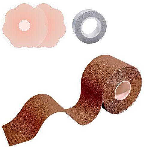 Viekier, nastro per il corpo, senza spalline, traspirante, per sollevamento del seno, 1 paio di reggiseno adesivo in silicone e 1 rotolo di nastro per seno grande, Marrone, 7D