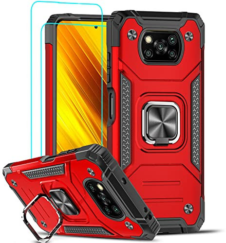 LeYi Hülle für Xiaomi Poco X3 Pro/Poco X3 NFC/Poco X3 Handyhülle mit 2*Panzerglas Schutzfolie, Armor Stoßfest Militär Standard Hardcase Fallschutz Silikon Schutzhülle Cover Ring Halter Hüllen Rot