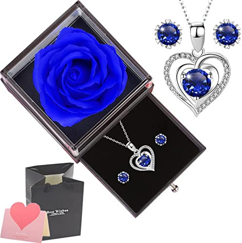 NEWUPZSI Boîte à Bijoux Rose Artificielle éternelle, Collier Coeur + Boucles d'oreilles + Carte de Voeux, pour Noël Idee Cadeau Anniversaire Saint Valentin Mariage Fete des Meres pour Femme Maman