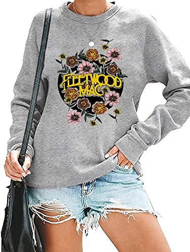 Rock Band Sweatshirt für Damen, Vintage-Grafik, Rockmusik-Shirt, lässig, langärmelig, Rundhalsausschnitt, Pullover, grau, Large