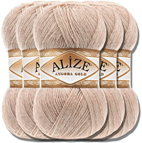 Hobby YARN Alize 5x 100g Angora Gold Türkische Premium Wolle Dünne Mohair aus Schurwolle Babywolle als Strickgarn Handstrickgarn Einfarbig Uni Yarn (Fog | 543)