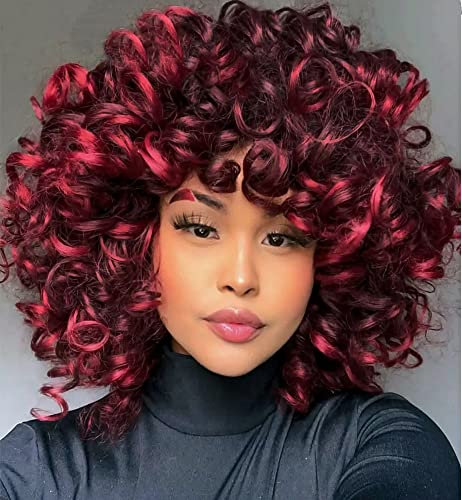 PORSMEER Afro Perücke Damen Synthetische lockige Perücke Natürliche Haar für Frauen,Kinky Big Curly mit Pony kurze Perücken für Schwarze Damen (Schwarz mit dunkel rot)