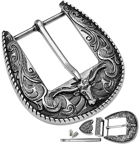 1.5(38mm) Western Belt Buckle, LongHorn Bull Engraved Replacement Buckles, Cowboy Reversible Belt Accessory for Men Women, Vintage Silver, Large