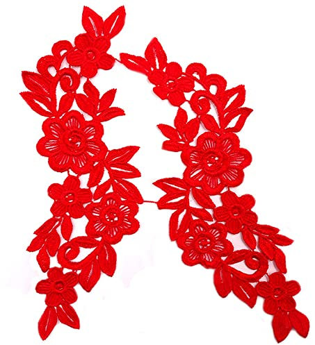 Wambere 1 Paar Spitzenapplikation Blumenstickerei Patch,Blumen Spitze Nähen Applikation Kragen Applikation DIY Handwerk Ausschnitt Nähen Stickerei Patches Zubehör für Cheongsam Kleidung Kleid,Rot