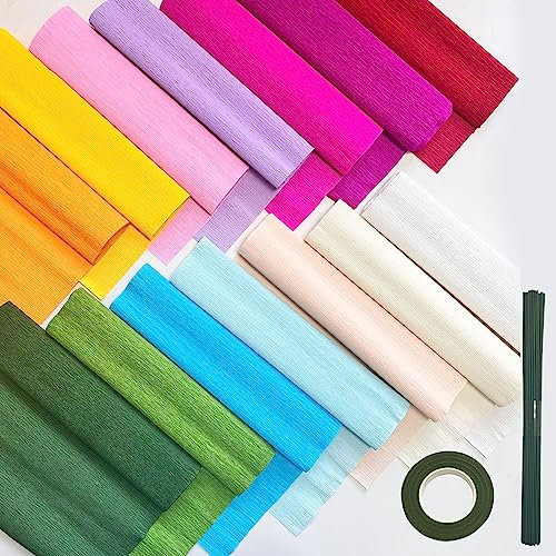Lot de 65 kits de papier crépon à faire soi-même, 14 rouleaux de papier crépon aux couleurs de l'arc-en-ciel, 2,4 m de long, 25,4 cm de large, 50 fils de fer verts à motif floral et 1 rouleau de ruban