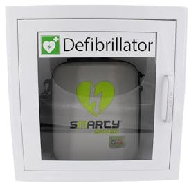 AED Defibrillator SET SMARTY SAVER 2025, vollautom. Auslösung, Umschalter Erwachsene-Kinder, Kombi-Elektroden mit Metall-Wandkasten und AED - Standortwinkel