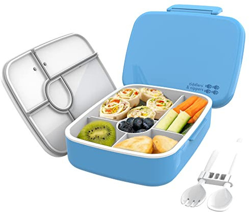 tiddlers & nippers 5 Compartment Lunch/Bento Box for Kids & Adults! | Includes Reusable Cutlery - Fork & Spoon | Leak-Proof & BPA-Free | Microwave, Freezer & Dishwasher Safe (Plain Blue)