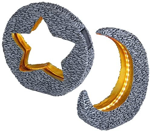 LED Solarleuchte Mond Außenleuchte Garten Solarlampe Stern Gartenlampe, IP44 Akku, Steinoptik grau Akzent goldfarben, 2er Set