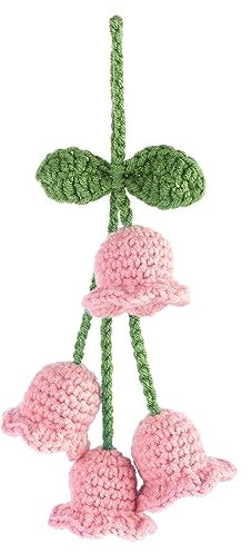 Rear View Mirror Hanging Accessories, Cute Car Accessories for Women, Bellflower Hand Knitted Car Pendant, Mirror Hanging Accessories for Your Car (Pink)