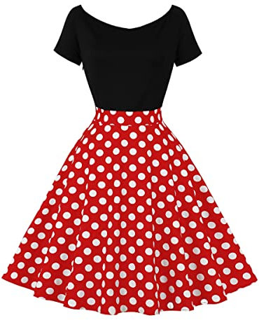 Odizli Rockabilly Kleider Damen Vintage Retro 50er Jahre Petticoat Kleid 1950er 60er Off Shoulder Polka Dot Gepunktet Swing A Linie Knielang Sommer Coctailkleid Festlich Kurz Abendkleid Rot XXL