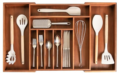 KitchenEdge Hochwertiger Besteck- und Utensilien-Organizer für Küchenschubladen, lebensmittelecht, erweiterbar von 40,6 bis 71,1 cm, natürliche Akazie