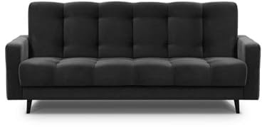 Mars Meble Schlafsofa mit Bettkasten - Dreisitzer 220cm Breit Polstersofa mit Schlaffunktion Nancy BIS, aus Velours Sofa mit Federkern Holzbeine, Stoff: Kronos 07 - Schwarz